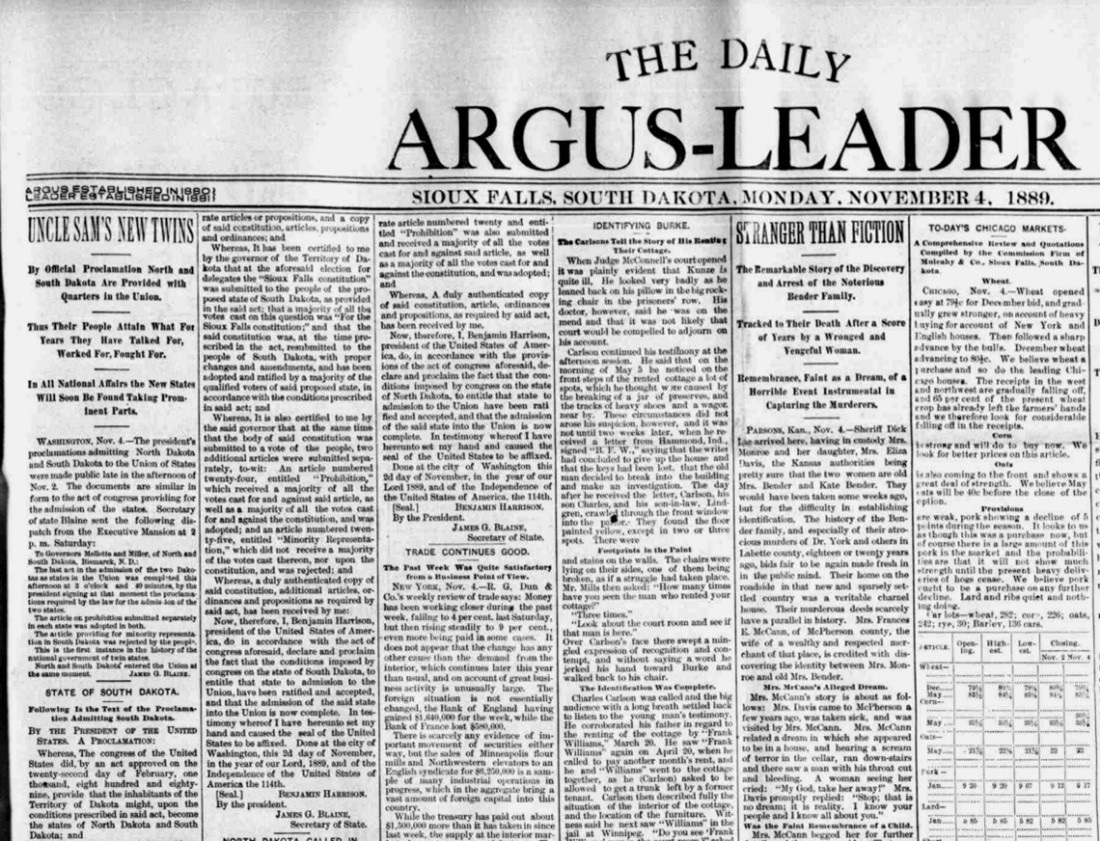 newspaper clipping of the argus leader on 11/4/1889